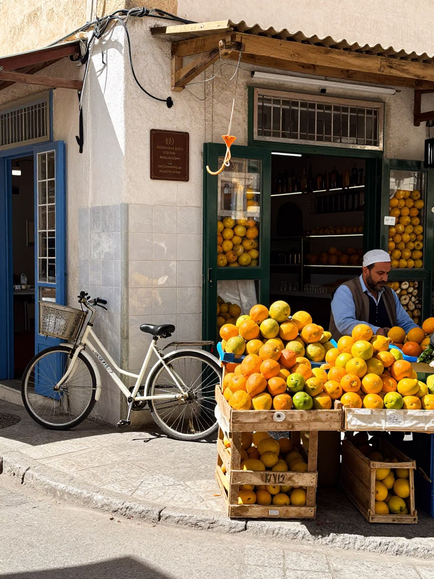 Busy Tunisian Street Market Midday Scene with Bicycle Leaning Against Cafe and Fruit Vendor in in Tunis, Tunisia
