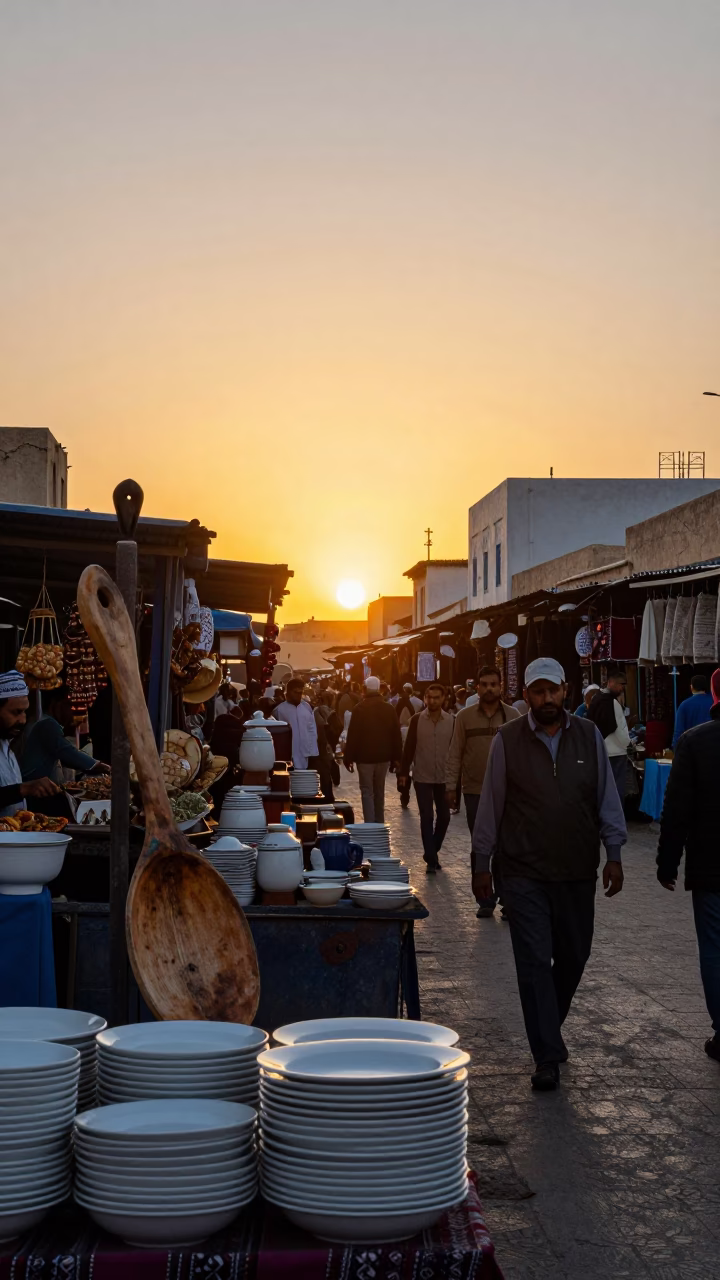Busy Tunisian Street Market Scene at Sunset with Traditional Ceramics and Wooden Utensils in in Tunis, Tunisia