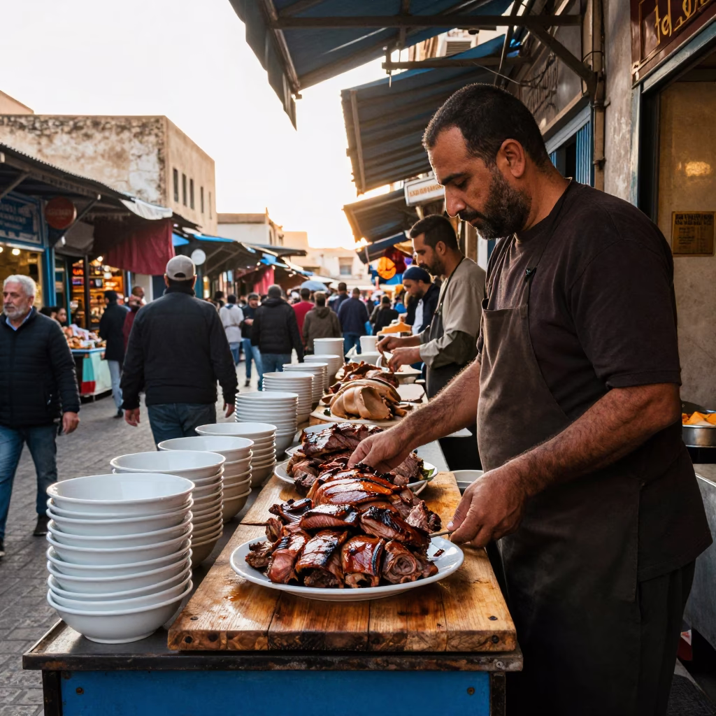 Busy Tunisian Street Market Stall with Traditional Serving Bowls and Nyama Choma at Dawn in in Tunis, Tunisia