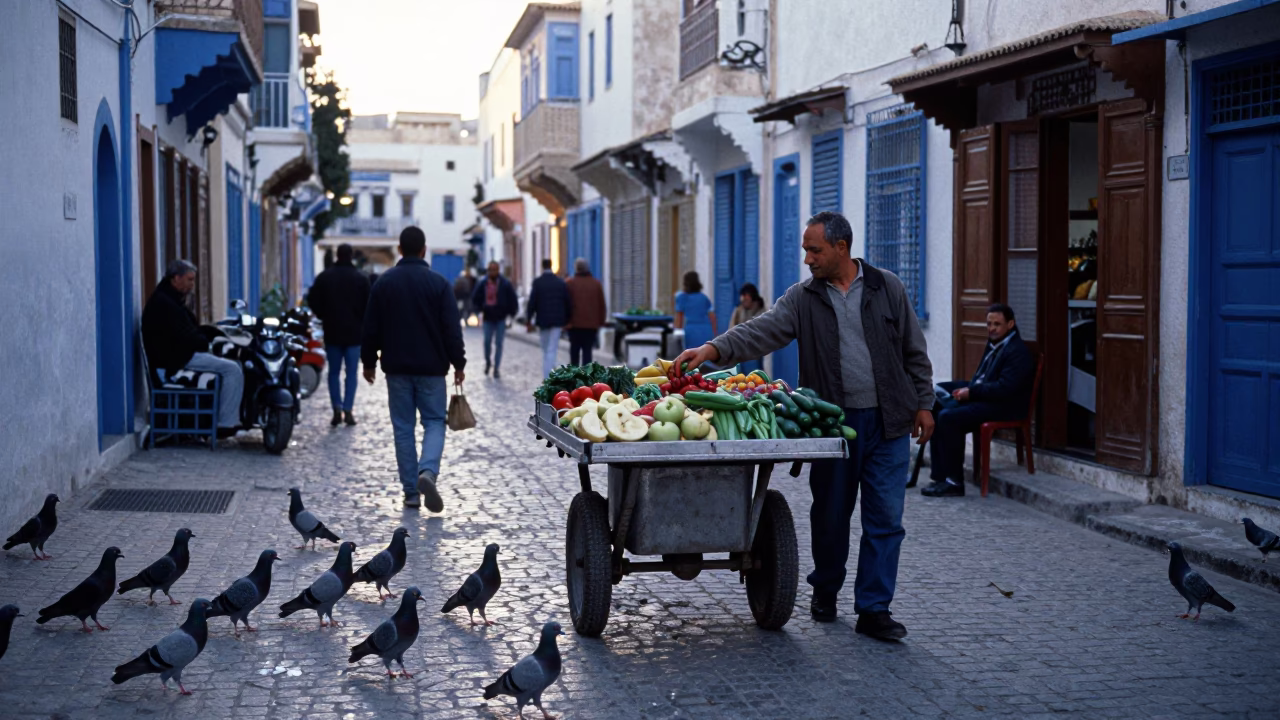 Busy Tunisian street morning with rolling carts and pigeons in old city in in Tunis, Tunisia