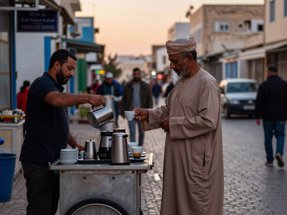 Busy Tunisian Street Scene at Dawn with Espresso Cup and Lantern Light in in Tunis, Tunisia