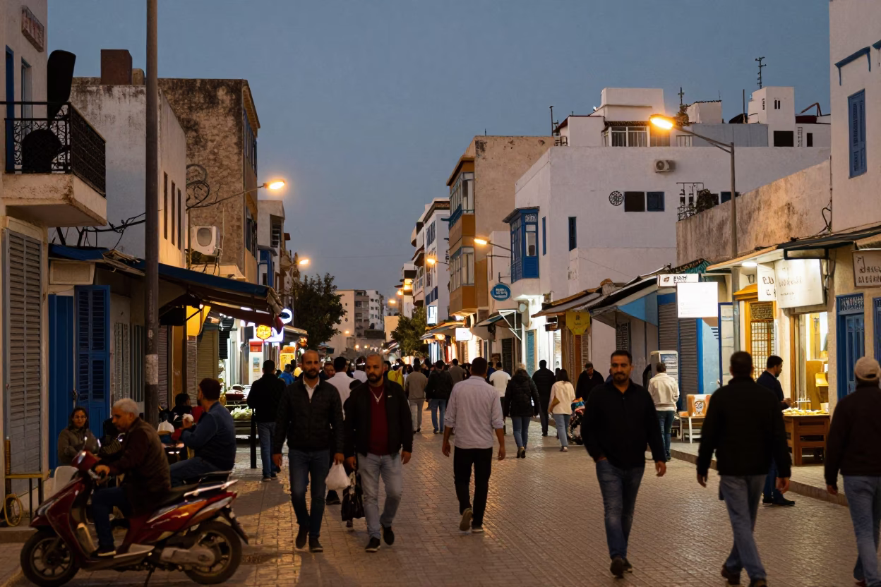 Busy Tunisian Street Scene at Dusk with Power Lines and Local Commerce in in Tunis, Tunisia