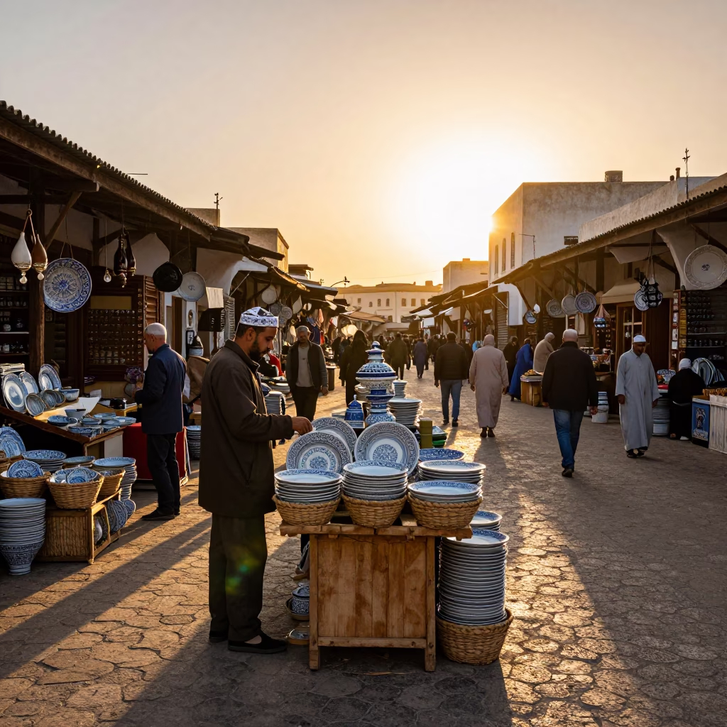 Busy Tunisian Street Scene at Golden Hour with Local Commerce and Traditional Elements in in Tunis, Tunisia