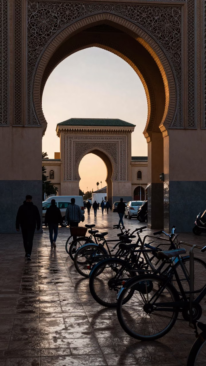 Busy Tunisian Street Scene at Nautical Dawn with University Archway and Wet Bicycle Rack in in Tunis, Tunisia