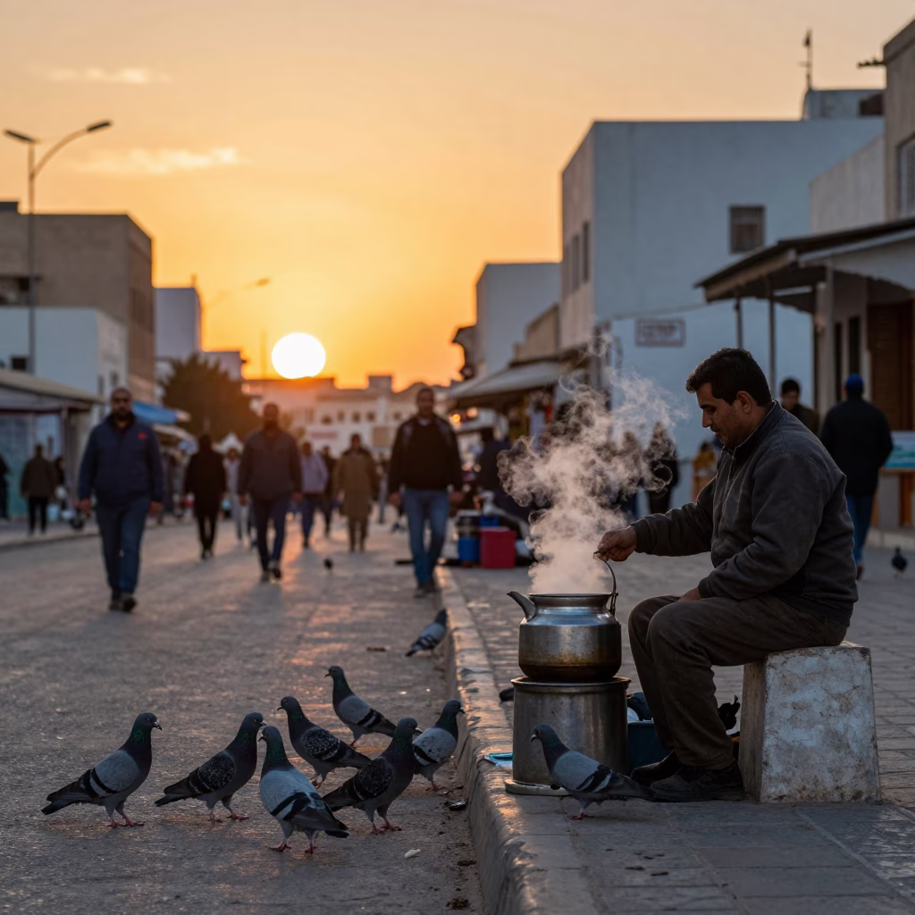 Busy Tunisian Street Scene at Sunset with Pigeons and Traditional Kettle in in Tunis, Tunisia
