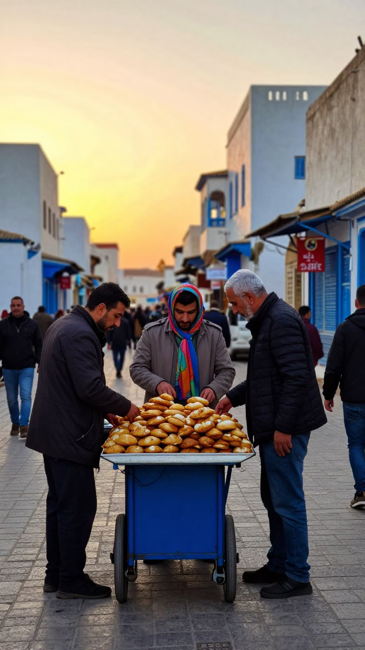 Busy Tunisian Street Scene at Sunset with Traditional Pastries and Scarves in Tunis Tunisia in in Tunis, Tunisia