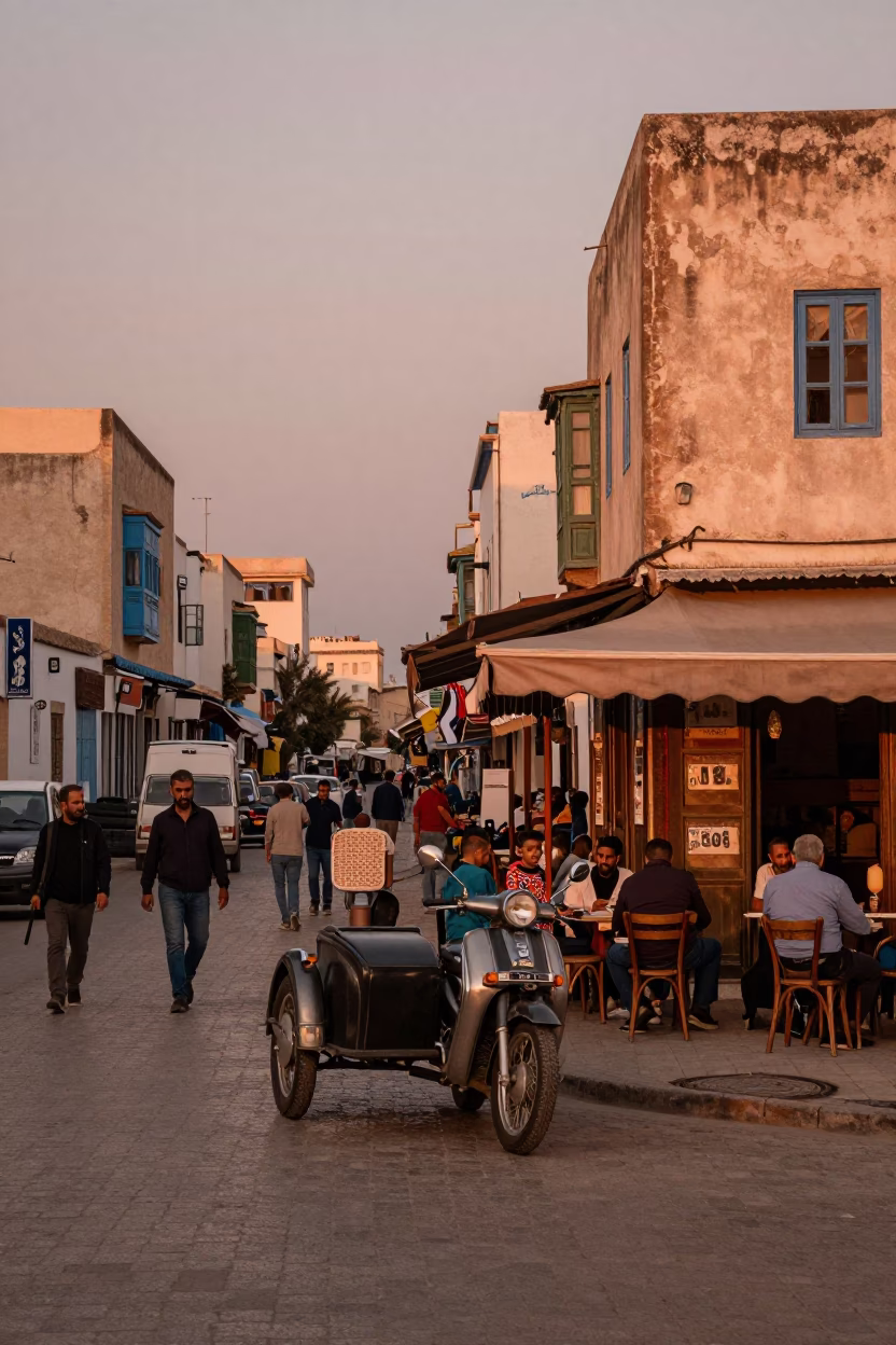 Busy Tunisian Street Scene Before Dusk with Vintage Motorcycle and Local Interaction in in Tunis, Tunisia