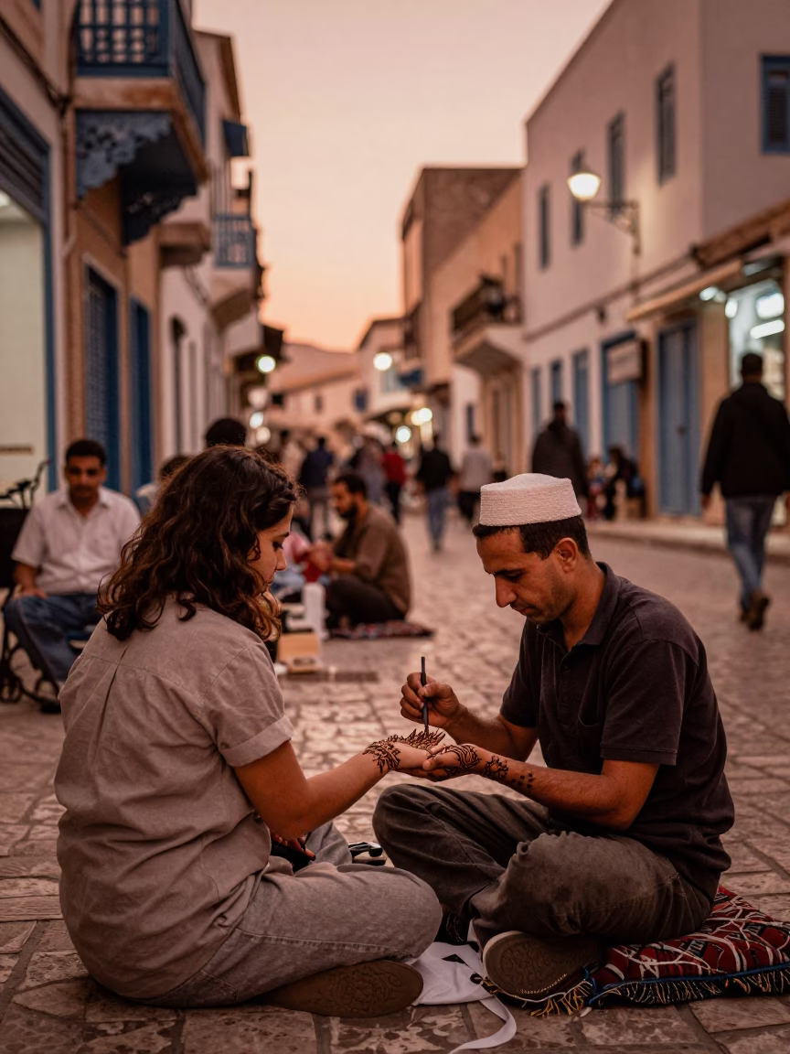 Busy Tunisian Street Scene in Copper Dusk Light with Local Commerce and Traditional Elements in in Tunis, Tunisia