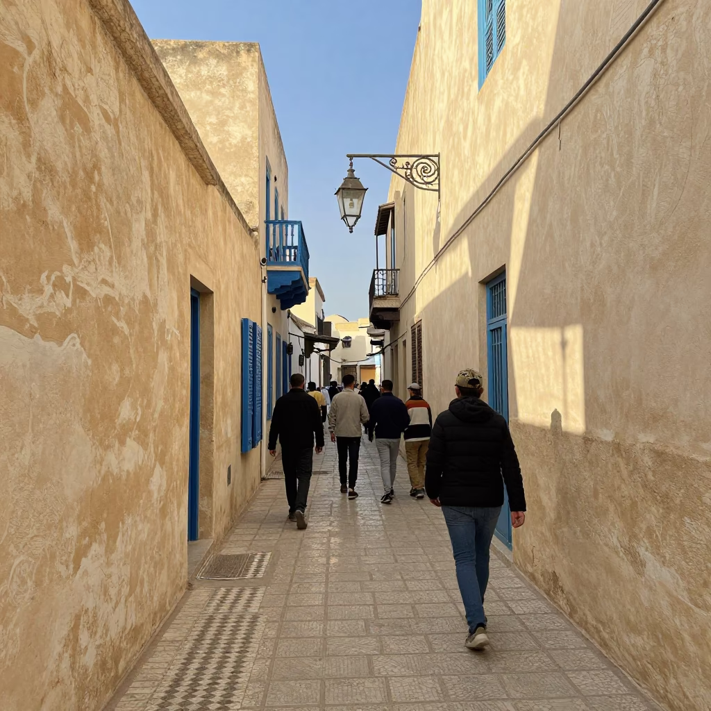 Busy Tunisian Street Scene in Early Afternoon Light with Traditional Lantern Alley Background in in Tunis, Tunisia