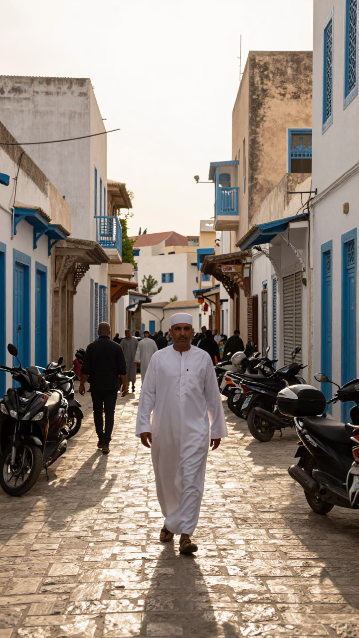 Busy Tunisian Street Scene in Late Afternoon Light with Local Market Activity in in Tunis, Tunisia
