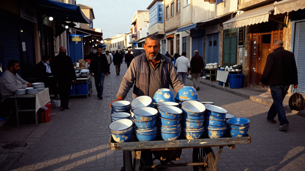 Busy Tunisian Street Scene in Late Afternoon with Chipped Blue Enamel and Caster Wheel in in Tunis, Tunisia