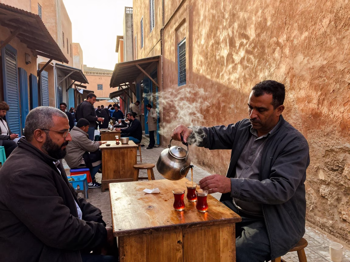 Busy Tunisian Street Scene Just After Sunrise with Kettle and Metal Bucket in in Tunis, Tunisia