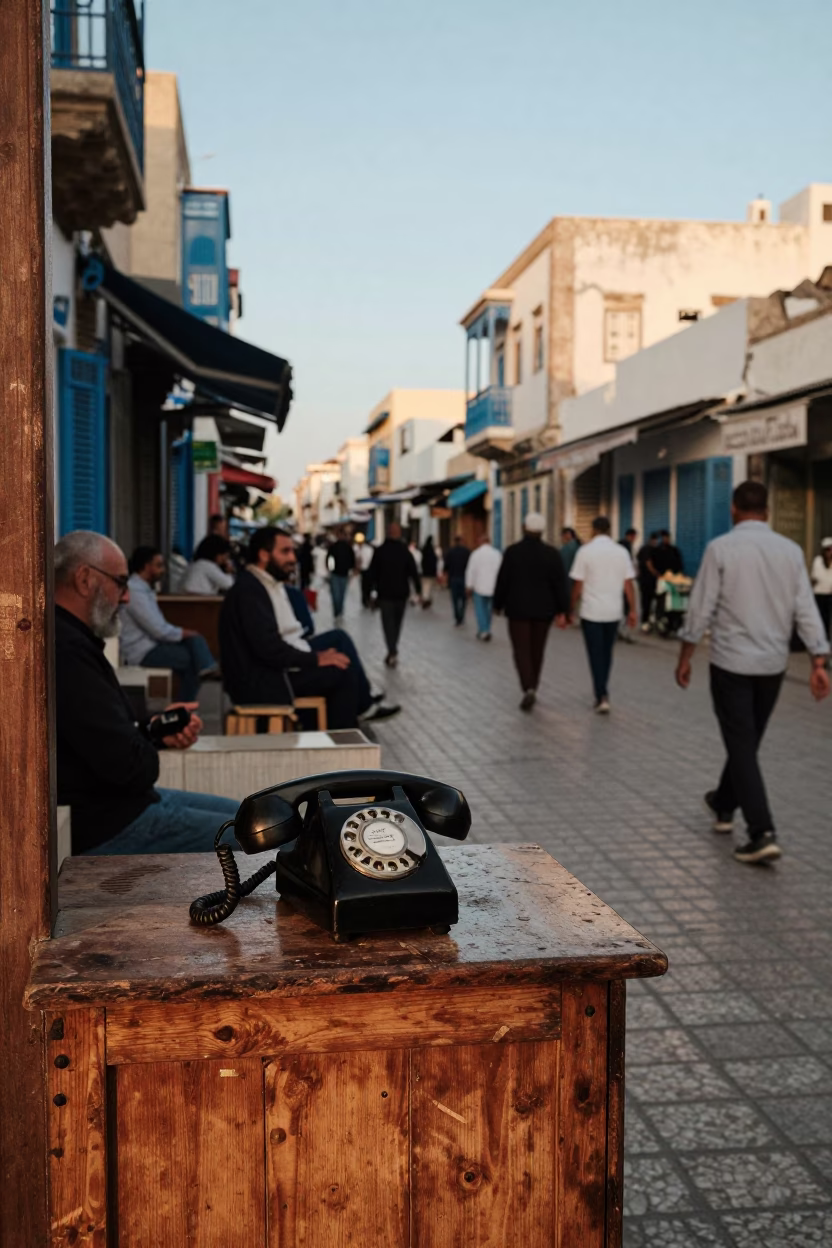 Busy Tunisian Street Scene Late Afternoon with Vintage Bakelite Telephone and Local Commerce in in Tunis, Tunisia