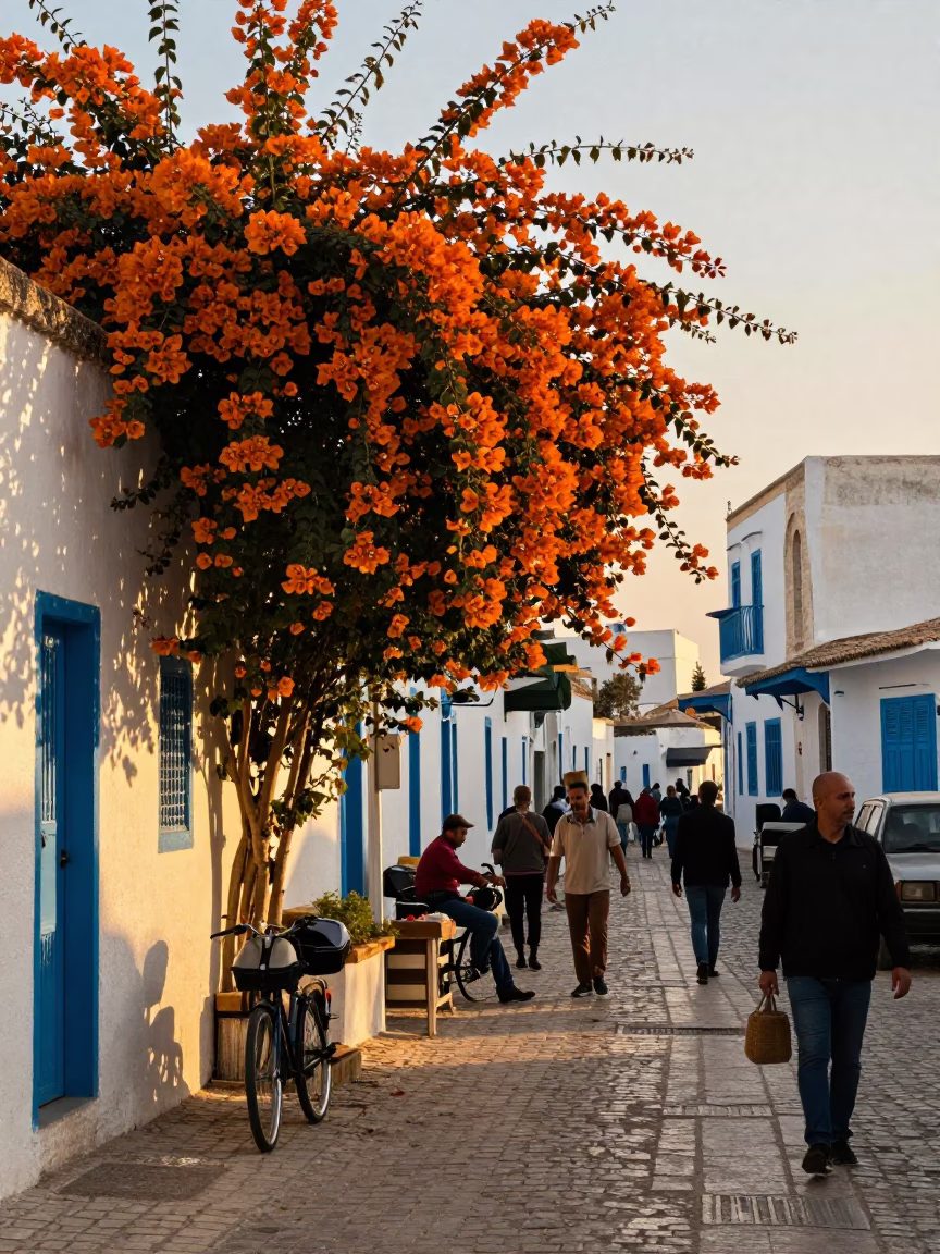 Busy Tunisian Street Scene with Bougainvillea and Bicycle at Golden Hour in in Tunis, Tunisia