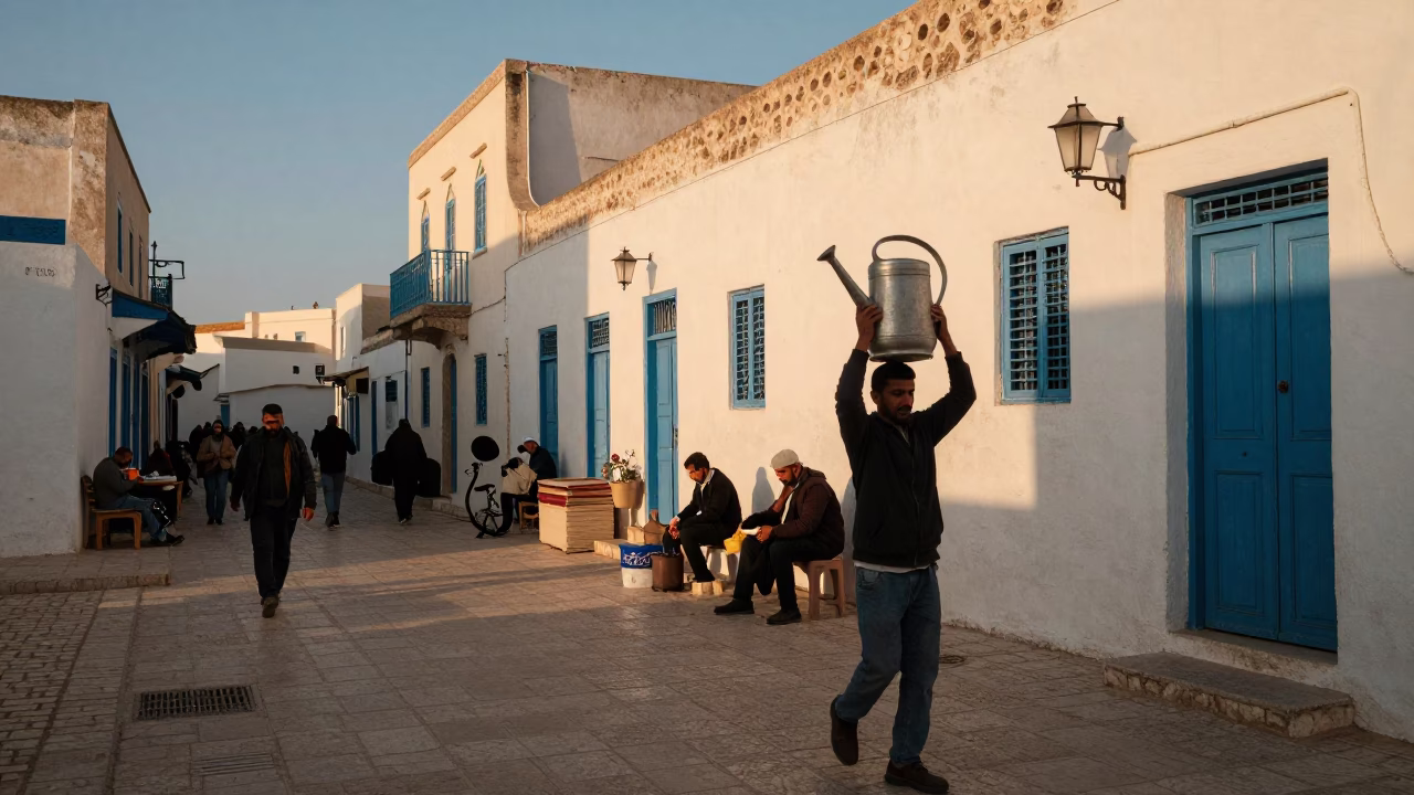 Busy Tunisian Street Scene with Watering Jug in Honeyed Evening Light in in Tunis, Tunisia