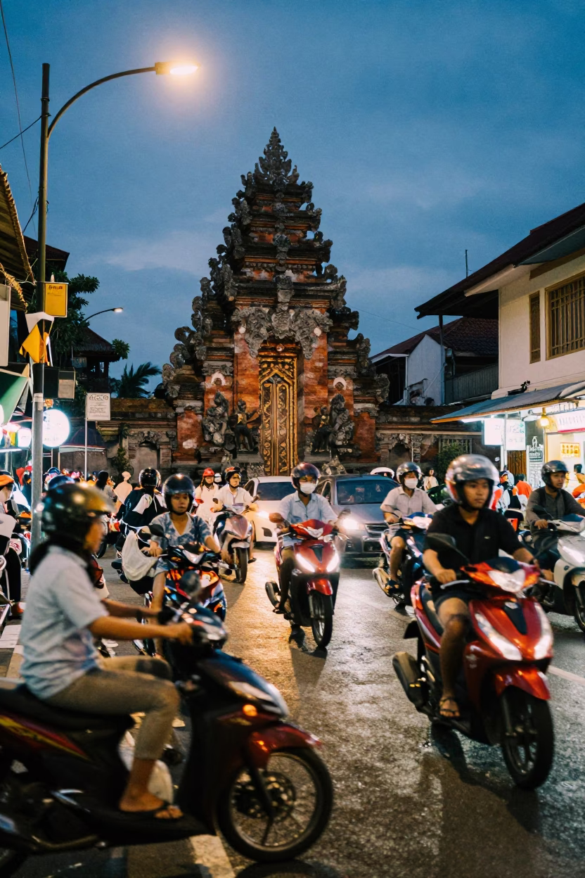 Busy Twilight Street Scene in Denpasar Bali Indonesia with Scooters and Local Life in in Denpasar, Indonesia