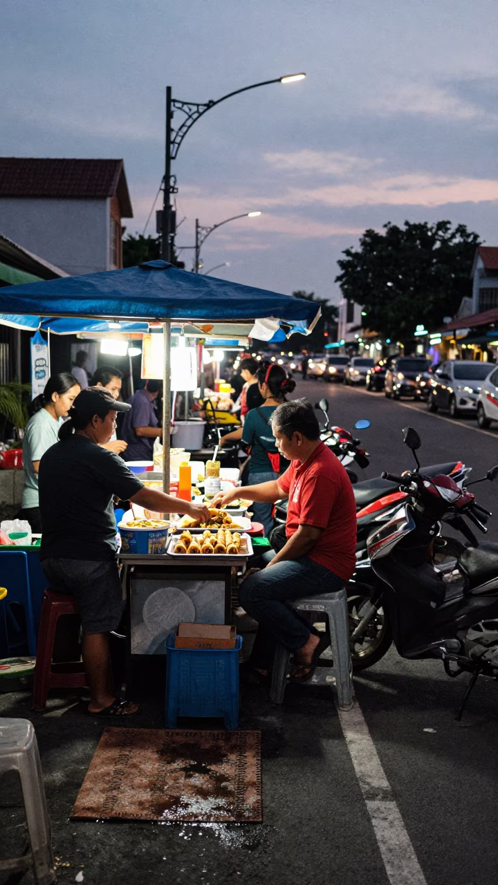 Busy Twilight Street Scene in Denpasar Indonesia with Food and Motorcycles in in Denpasar, Indonesia
