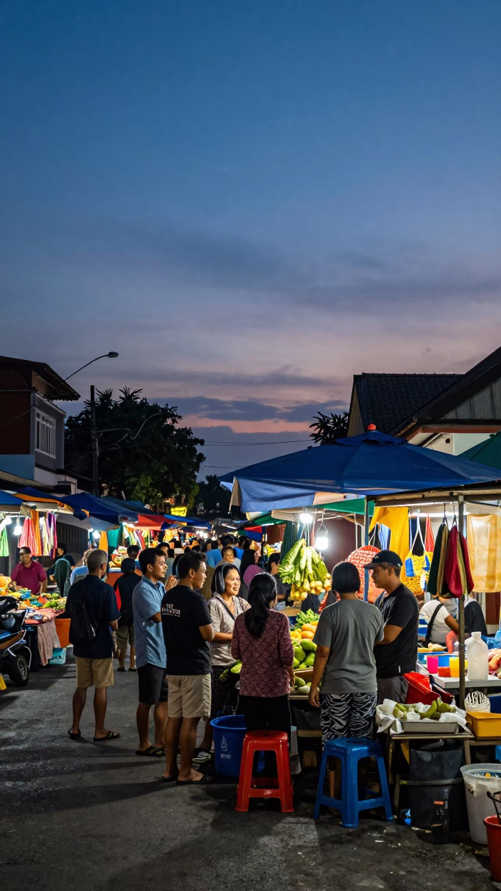 Busy Twilight Street Scene in Denpasar Indonesia with Local Market Activity and Traditional Architecture in in Denpasar, Indonesia