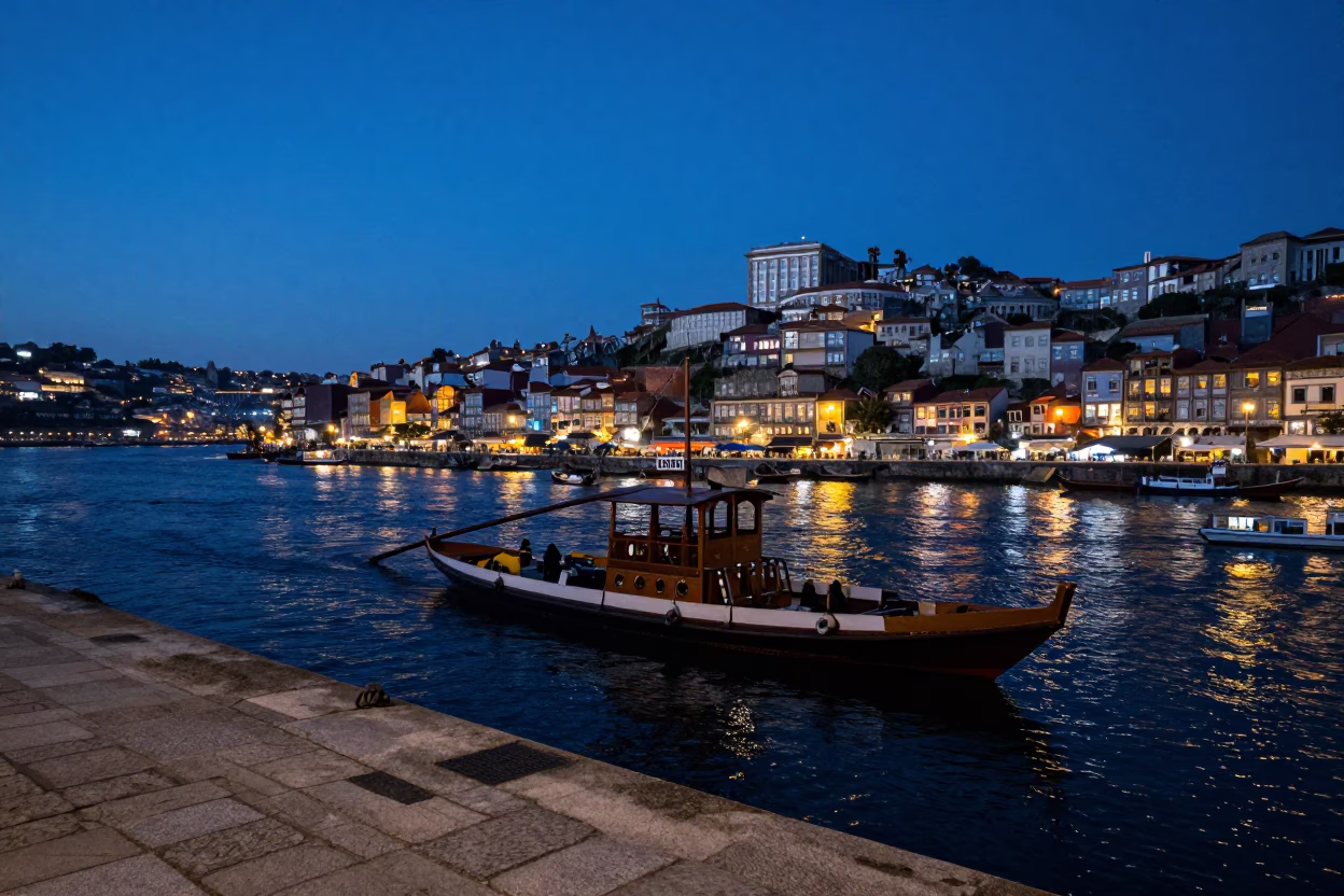 Busy Twilight Street Scene in Porto Portugal with Ferry and Cable Car in in Porto, Portugal