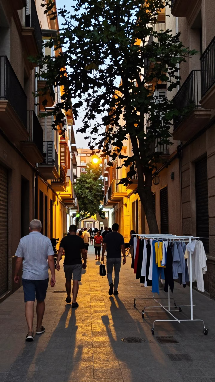 Busy Valencia Evening Street Scene with Drying Rack and Glass Carafe in in Valencia, Spain