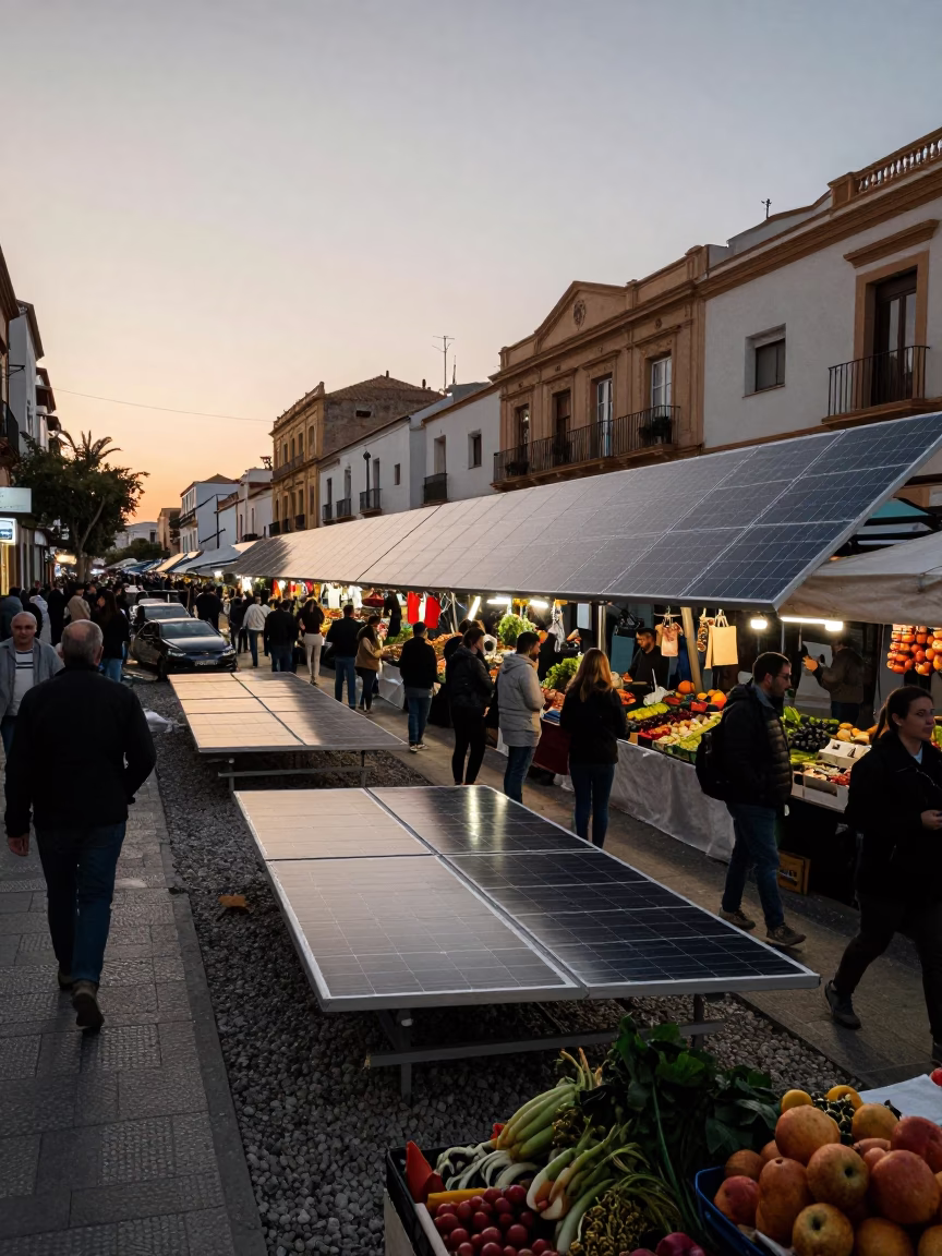 Busy Valencia Evening Street Scene with Solar Array Glint and Chili Peppers in in Valencia, Spain