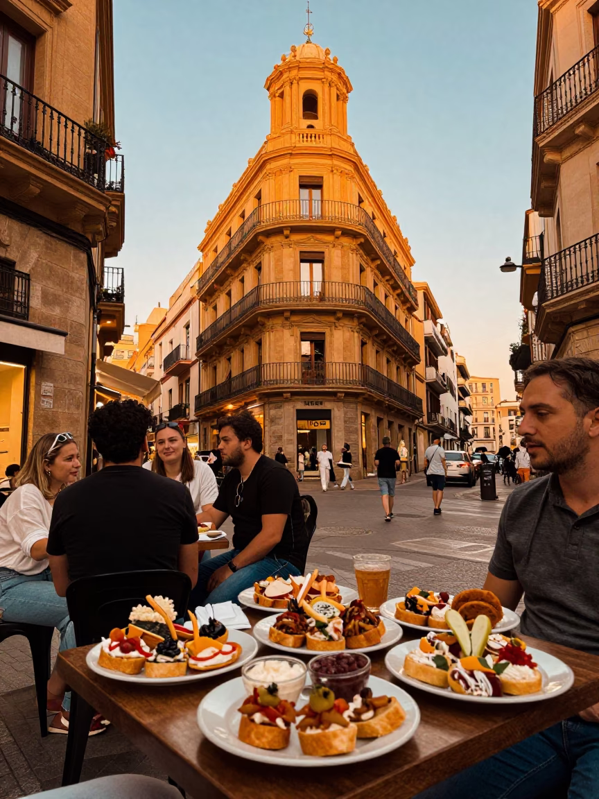 Busy Valencia Evening Street Scene with Spanish Pintxos and Local Life in in Valencia, Spain