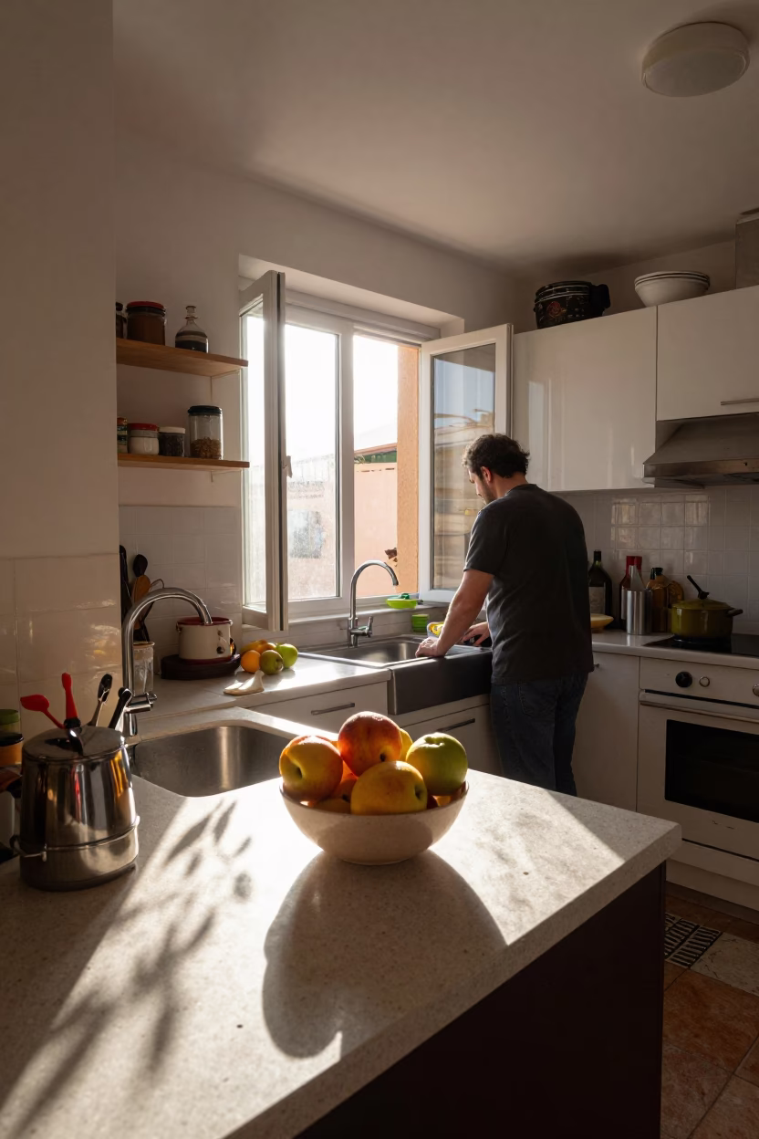Busy Valencia Kitchen Morning with Fruit and Sink in Late 1970s Spain in in Valencia, Spain