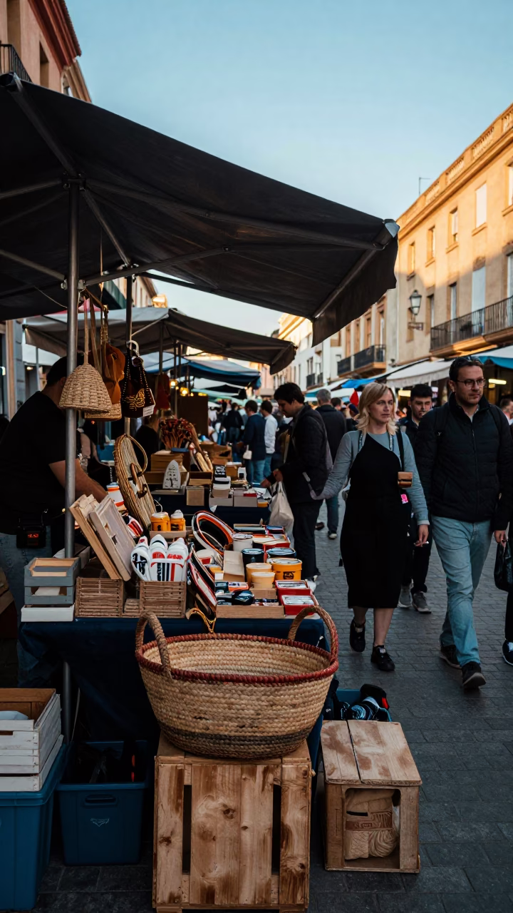 Busy Valencia Market Stall at Nautical Dawn with Bath Towels and Mending Basket in in Valencia, Spain