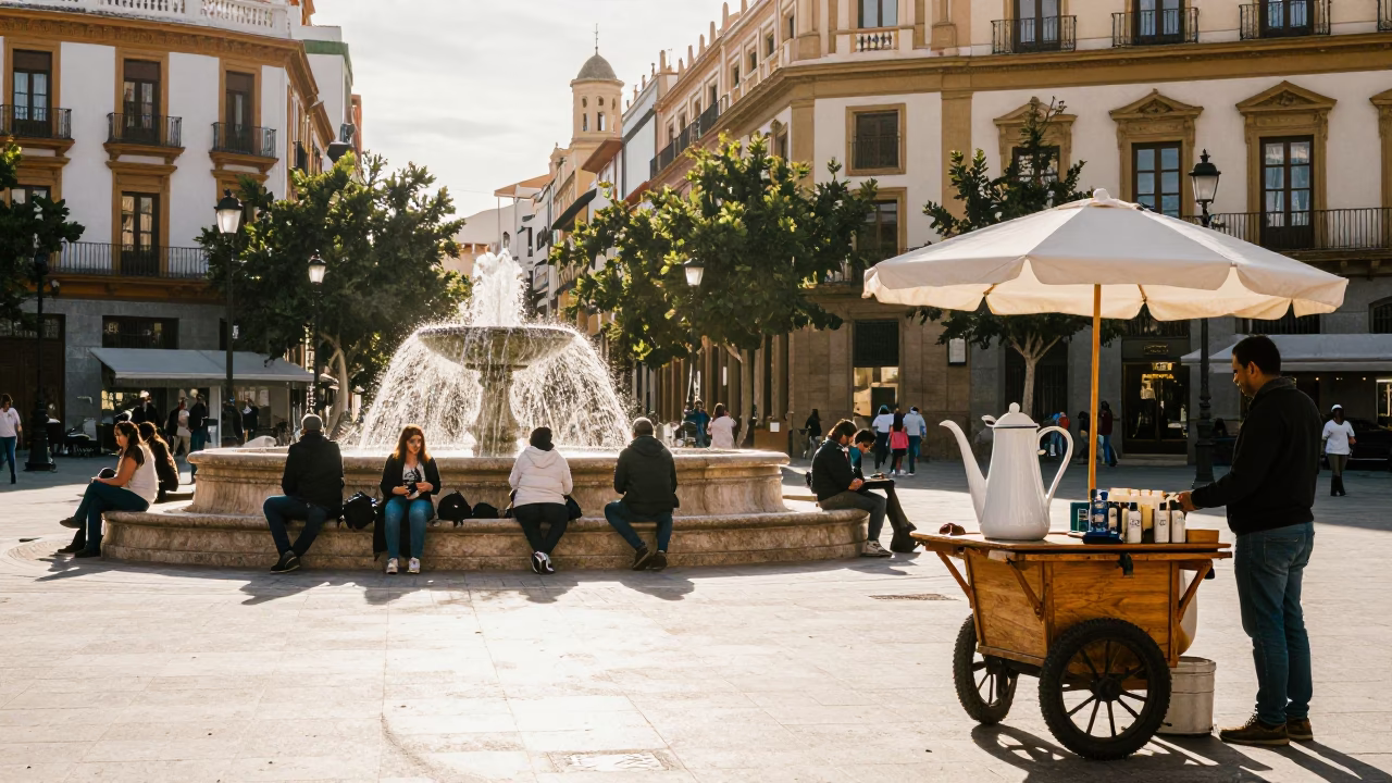 Busy Valencia Plaza Morning Street Scene with Enamel Pitcher and Local Interaction in in Valencia, Spain