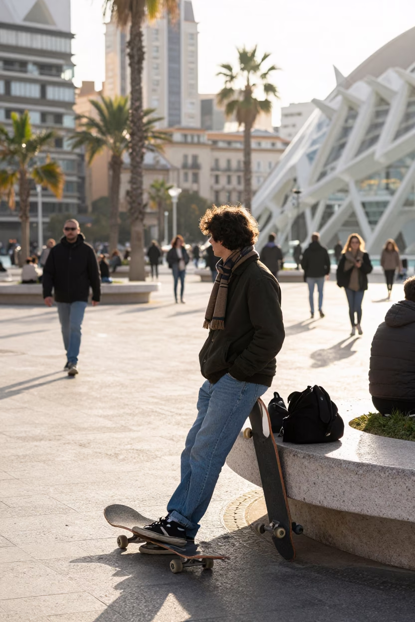 Busy Valencia Plaza Morning with Skateboard and Scarf in in Valencia, Spain