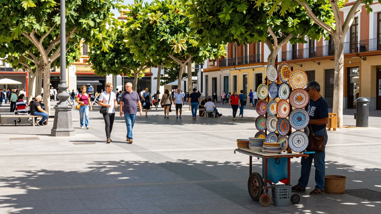 Busy Valencia Plaza Noon Sunlight with Local Street Scene and Architectural Details in in Valencia, Spain