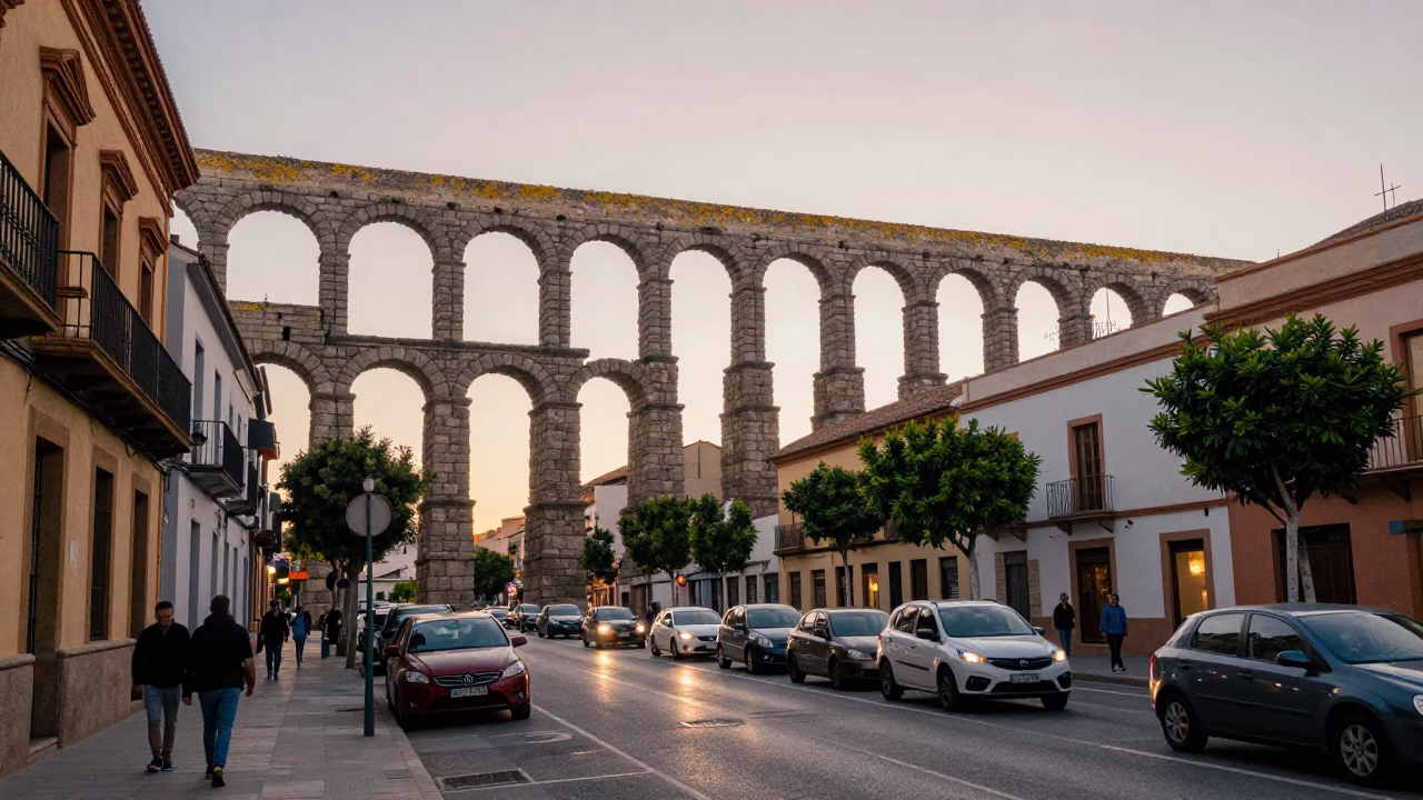 Busy Valencia Spain Dawn Street Scene with Aqueduct and Local Life in in Valencia, Spain