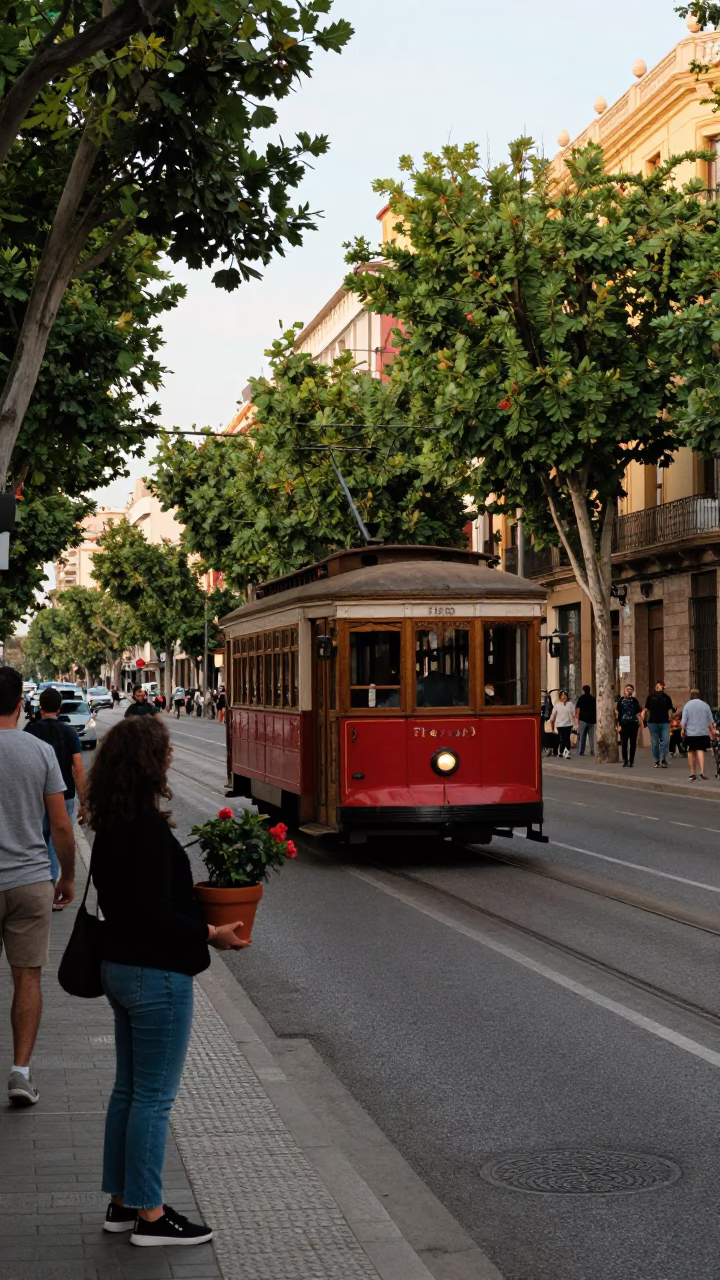 Busy Valencia Spain Early Afternoon Street Scene with Old Trolley and Flowering Plants in in Valencia, Spain