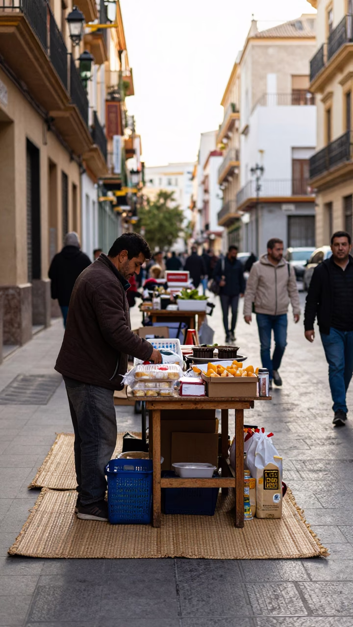 Busy Valencia Spain Late Morning Street Scene with Woven Mats and Recipe Tin in in Valencia, Spain