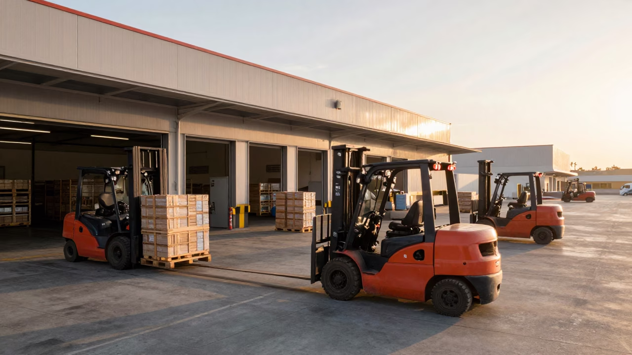 Busy Valencia Spain Loading Dock at Dawn with Forklifts Moving Pallets in in Valencia, Spain