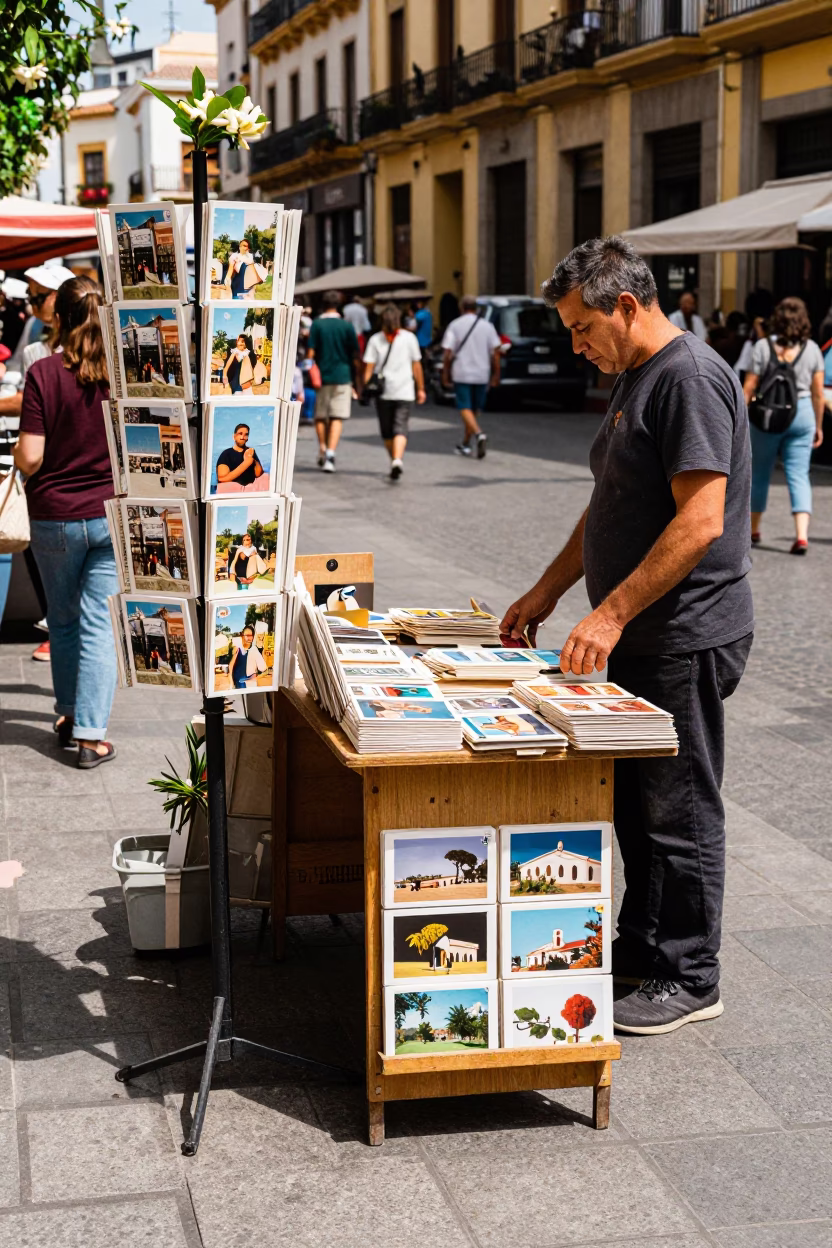 Busy Valencia Spain Midday Street Scene with Postcards and Gardenia Bush in in Valencia, Spain