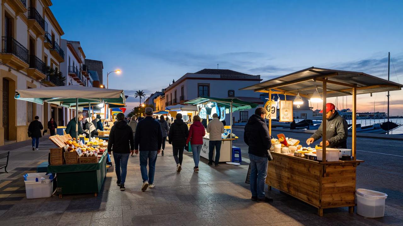 Busy Valencia Spain Nautical Dawn Street Scene with Local Market Activity in in Valencia, Spain