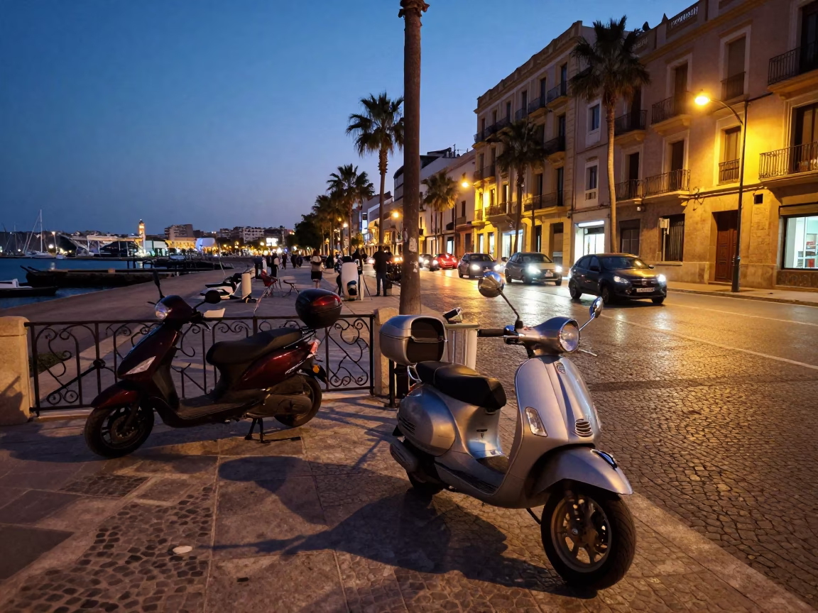 Busy Valencia Spain Twilight Street Scene with Parked Scooter and Local Life in in Valencia, Spain
