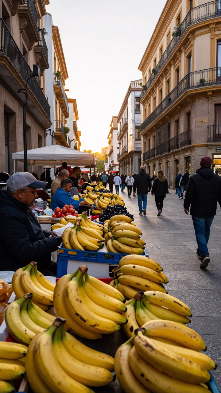 Busy Valencia Spanish Street Scene After Sunrise with Bananas and Glass Vase in in Valencia, Spain