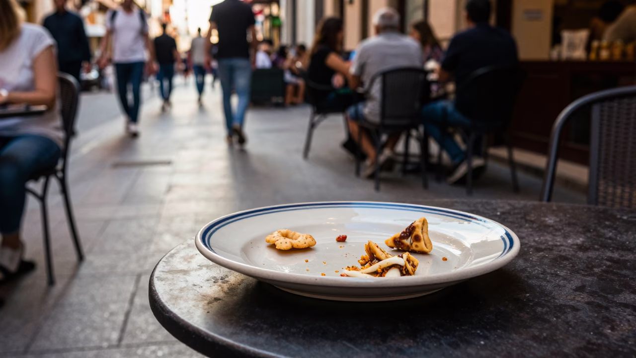 Busy Valencia Street Cafe Scene with Ceramic Plate and Notebook in Late Afternoon Light in in Valencia, Spain