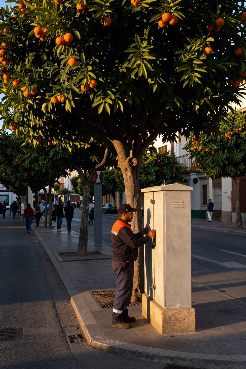 Busy Valencia Street Corner at Nautical Dawn with Substation Busbars and Local Market Activity in in Valencia, Spain