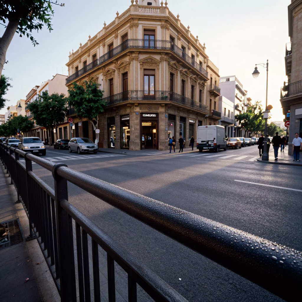 Busy Valencia Street Corner Early Afternoon with Condensation on Rail and Leaf Shadows in in Valencia, Spain