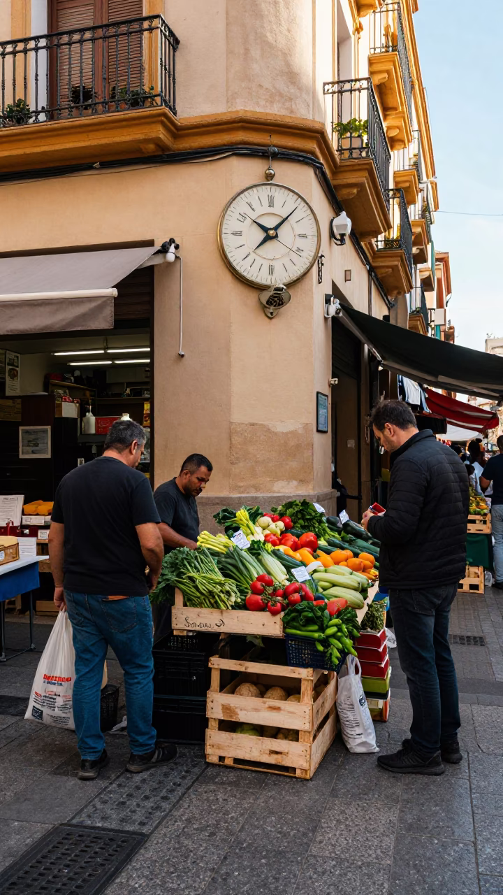 Busy Valencia Street Market Late Morning with Pocket Sundial and Wicker Shadow in in Valencia, Spain
