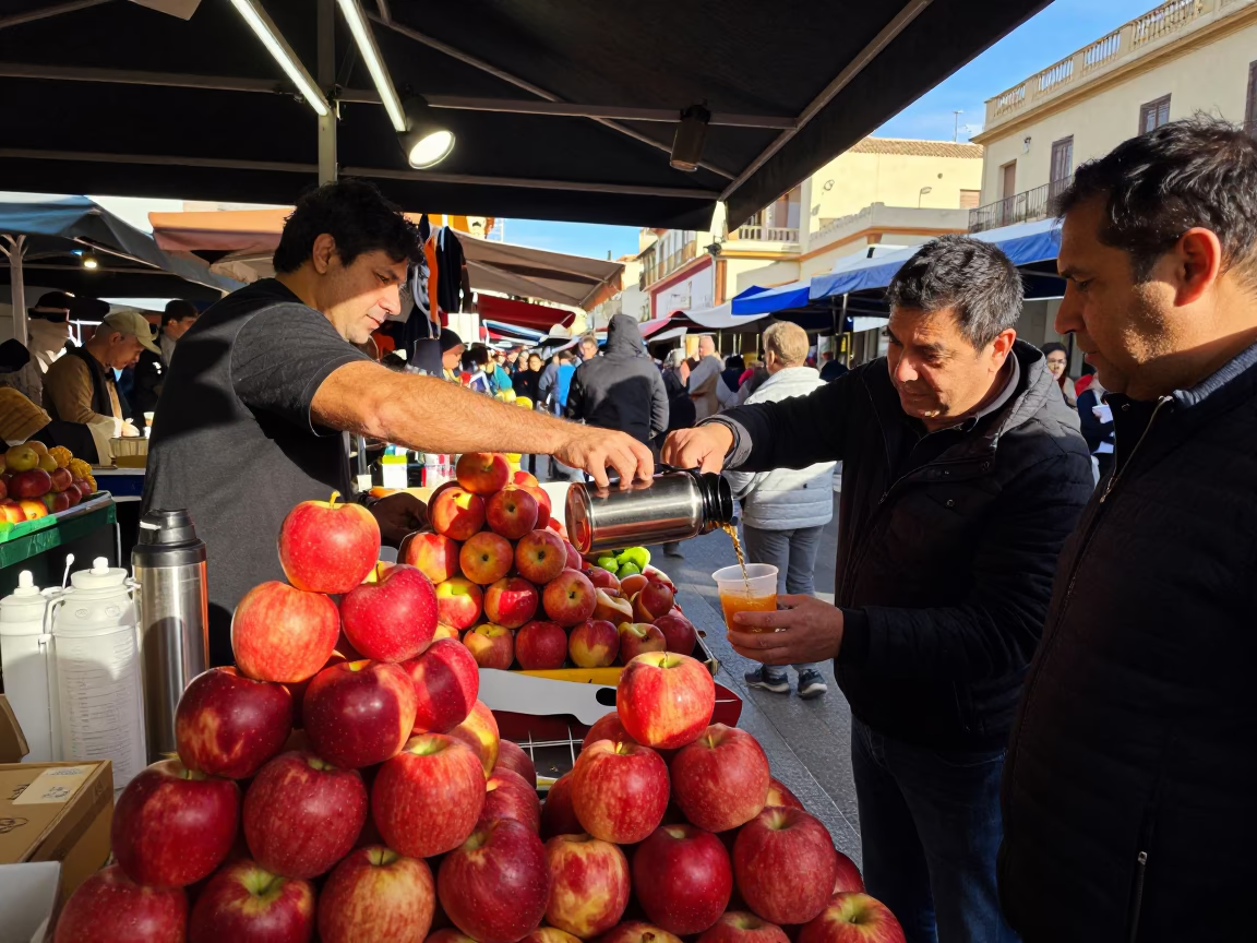 Busy Valencia Street Market Stall with Apples and Thermos in Late Afternoon Sunlight in in Valencia, Spain