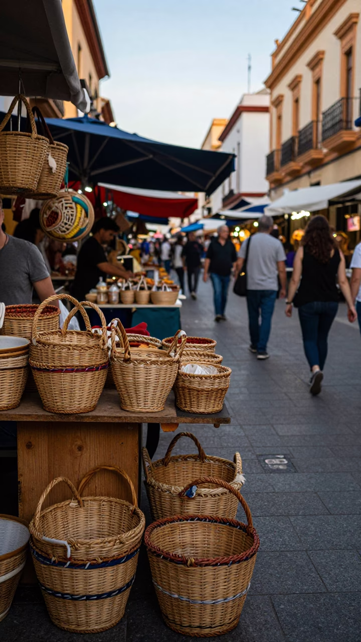 Busy Valencia Street Market Stall with Woven Baskets and Rusty Wall Details in in Valencia, Spain