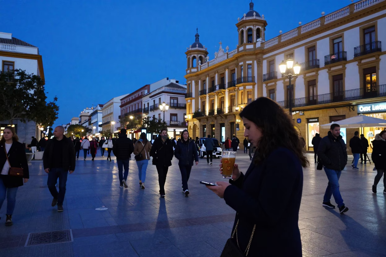 Busy Valencia Street Scene at Blue Hour with Local Market Activity in in Valencia, Spain
