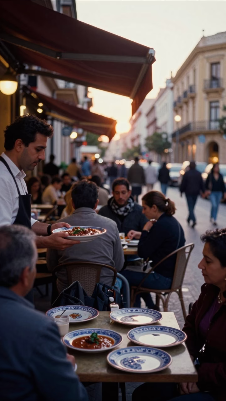 Busy Valencia Street Scene at Dawn with Ceramic Plates and Morning Commuters in in Valencia, Spain