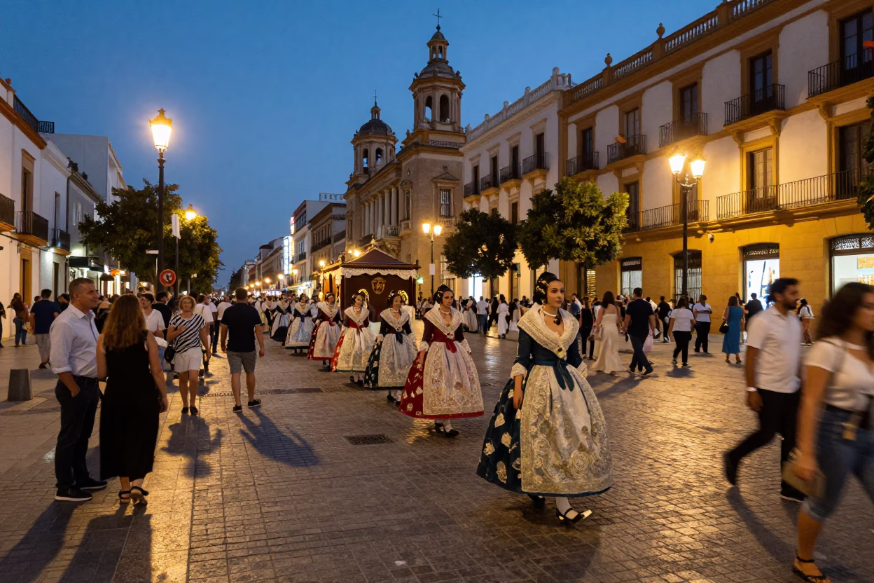 Busy Valencia Street Scene at Dusk with Traditional Wedding Procession and City Lights in in Valencia, Spain