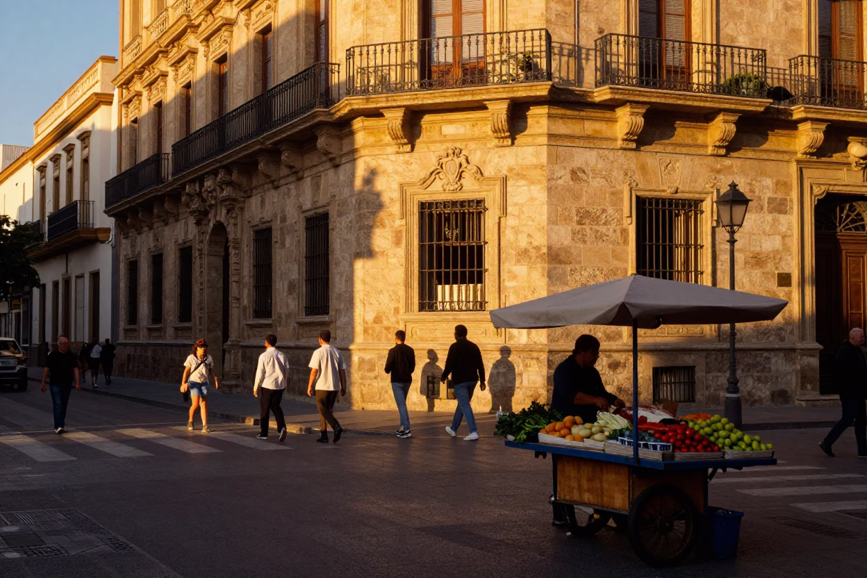 Busy Valencia Street Scene at Golden Hour Before Sunset with Local Life and Architecture in in Valencia, Spain