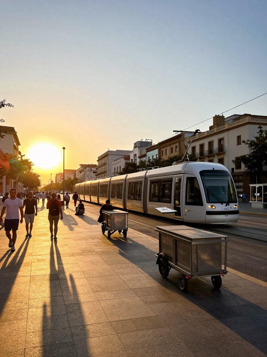 Busy Valencia Street Scene at Golden Hour with Monorail and Rolling Carts in in Valencia, Spain